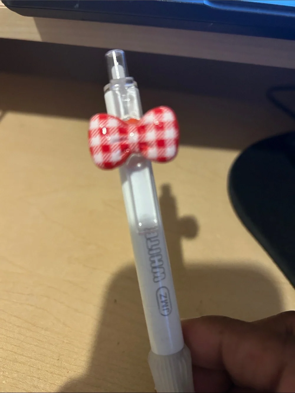 White Gel Pen with Red Check Bow Clip - Home Office Accessory